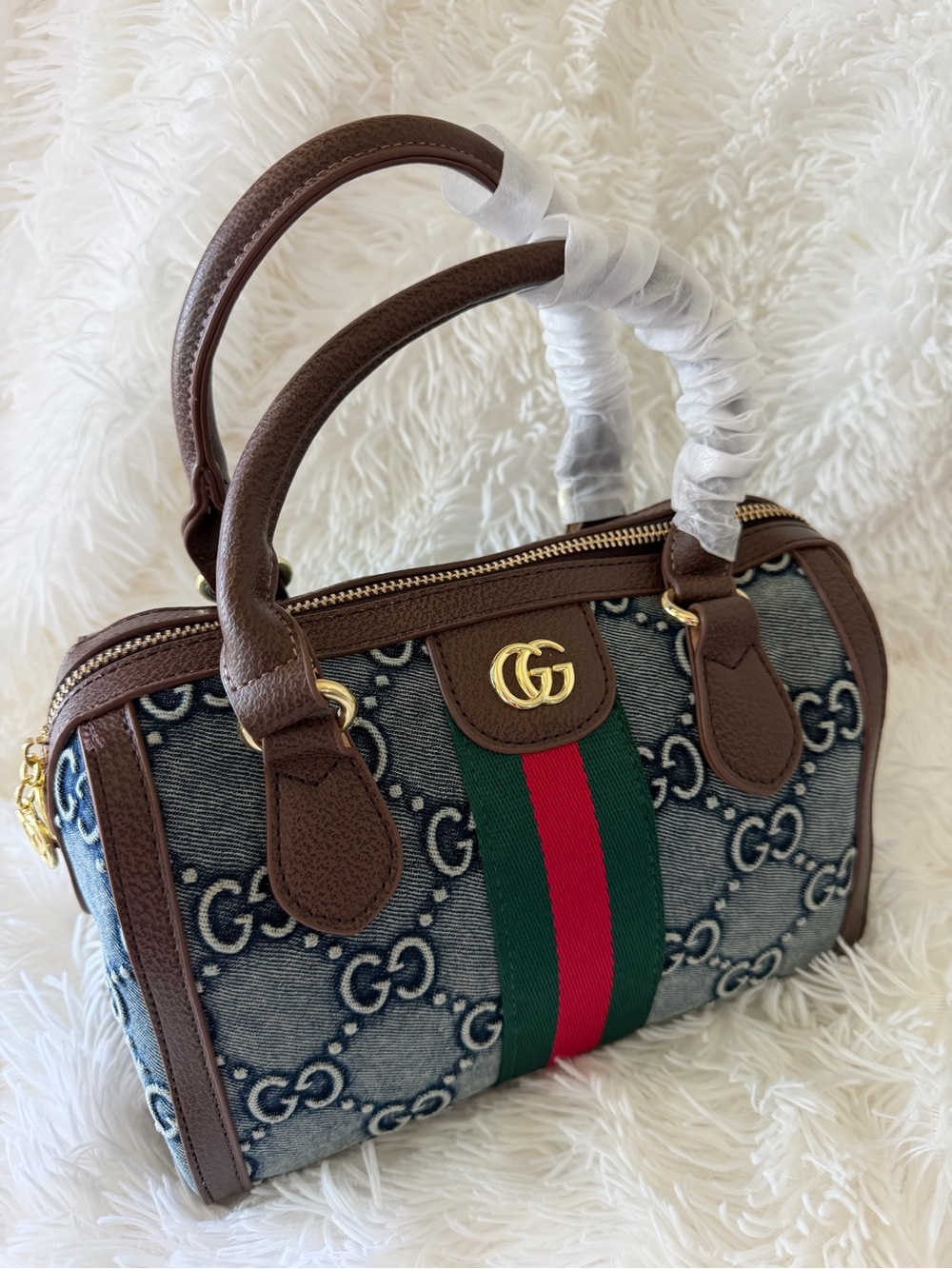 Monogram Denim Boston Satchel Crossbody Bag – Green & Red Stripe